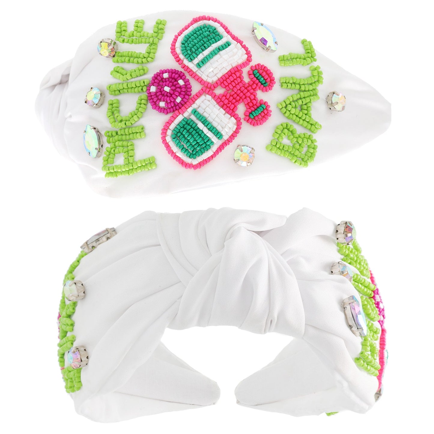 White Beaded Pickleball Top Knot Headband