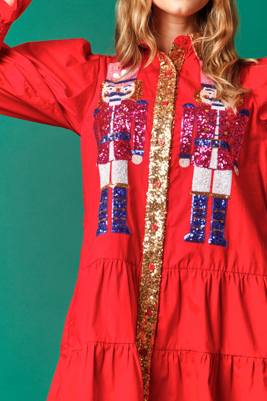 Sequin Nutcracker Christmas Poplin Mini Dress