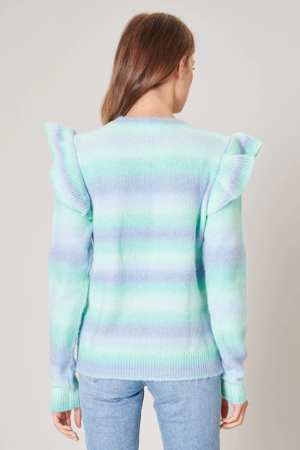 Whimsy Space Dyed Cable Knit Ruffle Sweater Multi Mint