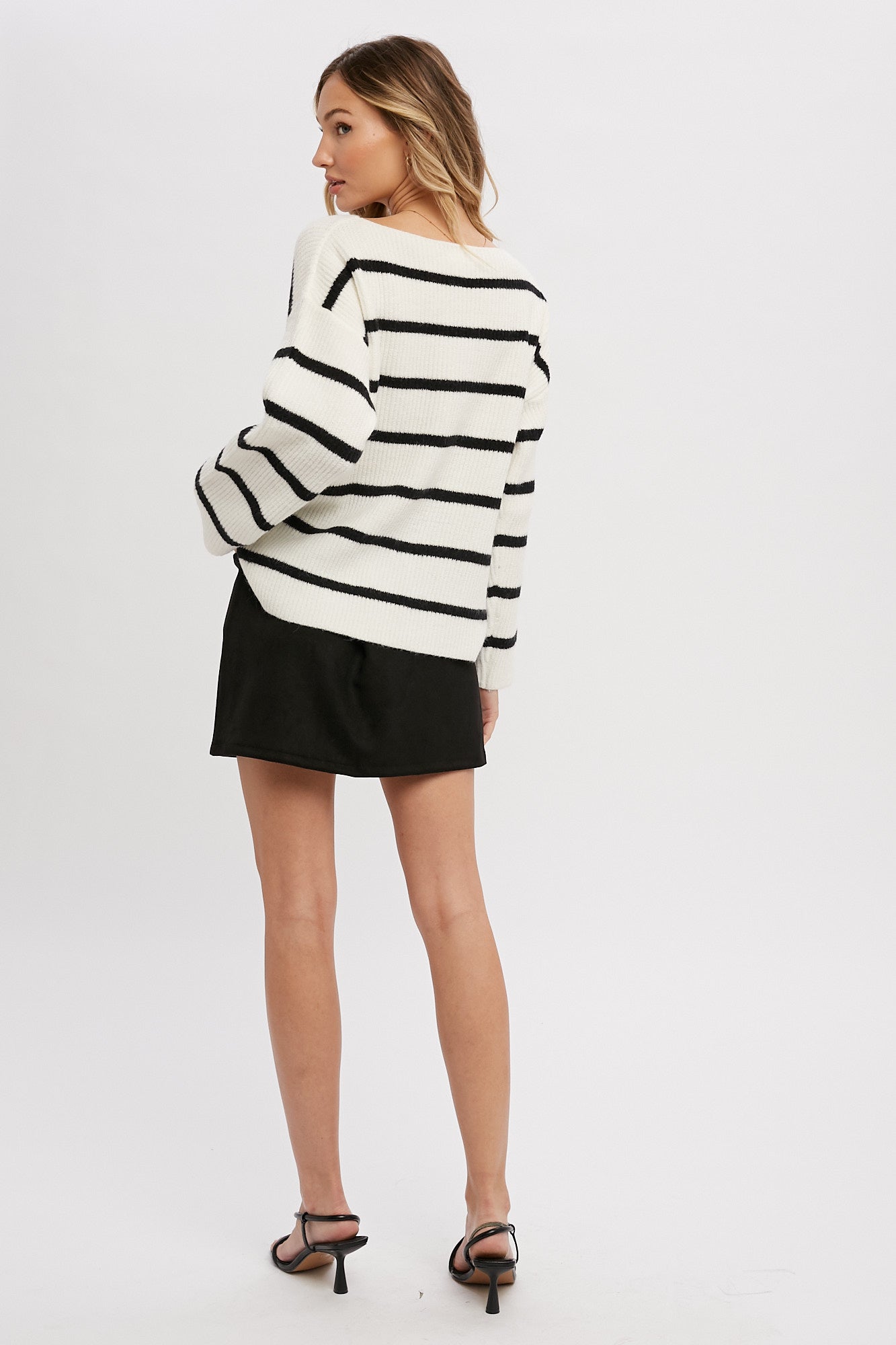 Stripe Ribbed Pullover Sweater Black Ivory