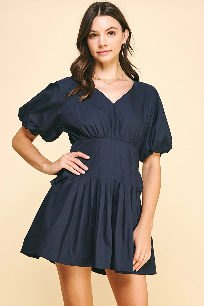 Navy Marley Pleated Mini Dress