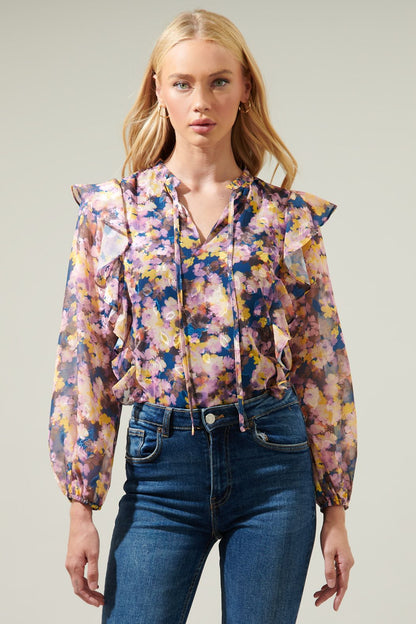 Remmy Floral Chessie Balloon Sleeve Ruffle Blouse