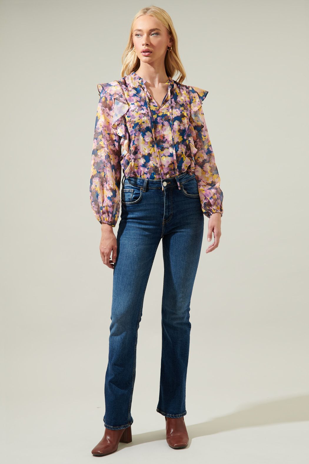 Remmy Floral Chessie Balloon Sleeve Ruffle Blouse